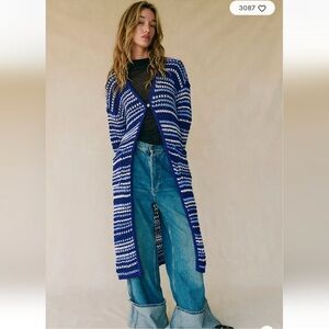 Free People Blue and White Striped Long Knit Cardigan
